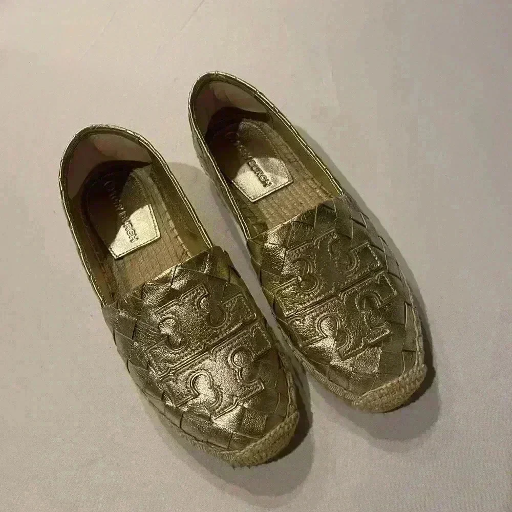 TORY BURCH Woven Leather Espadrille Flats 5 Loafer Gold Metallic Leather Ines